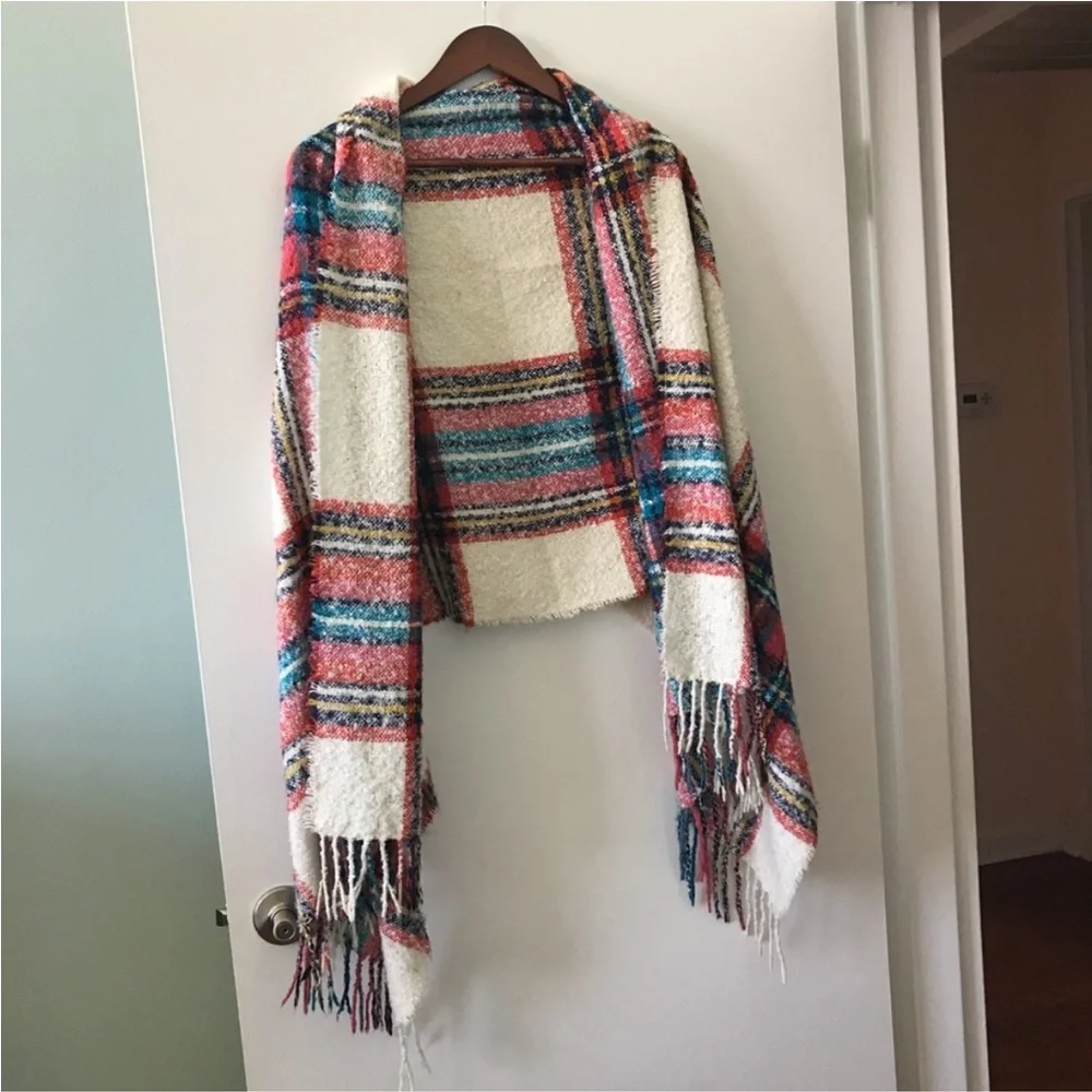 American Eagle chenille tartan plaid blanket scarf wrap with fringe